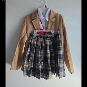 Tan Blazer with Plaid Skirt Set